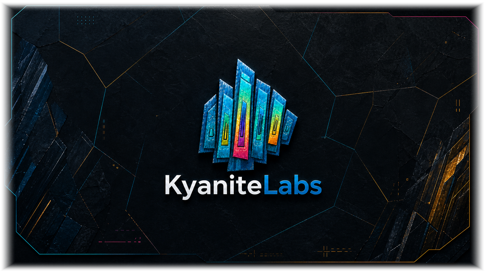 KyaniteLabs crystalline logo on a dark Voronoi technical field